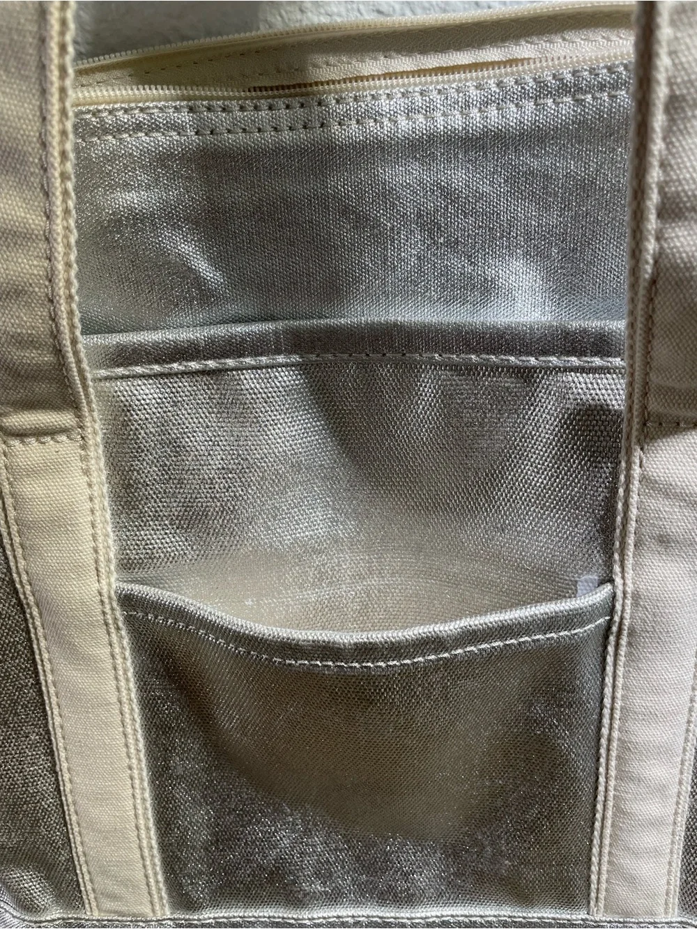 Lands' End Open Top Coated Metallic Canvas Tote - silver classic preppy
